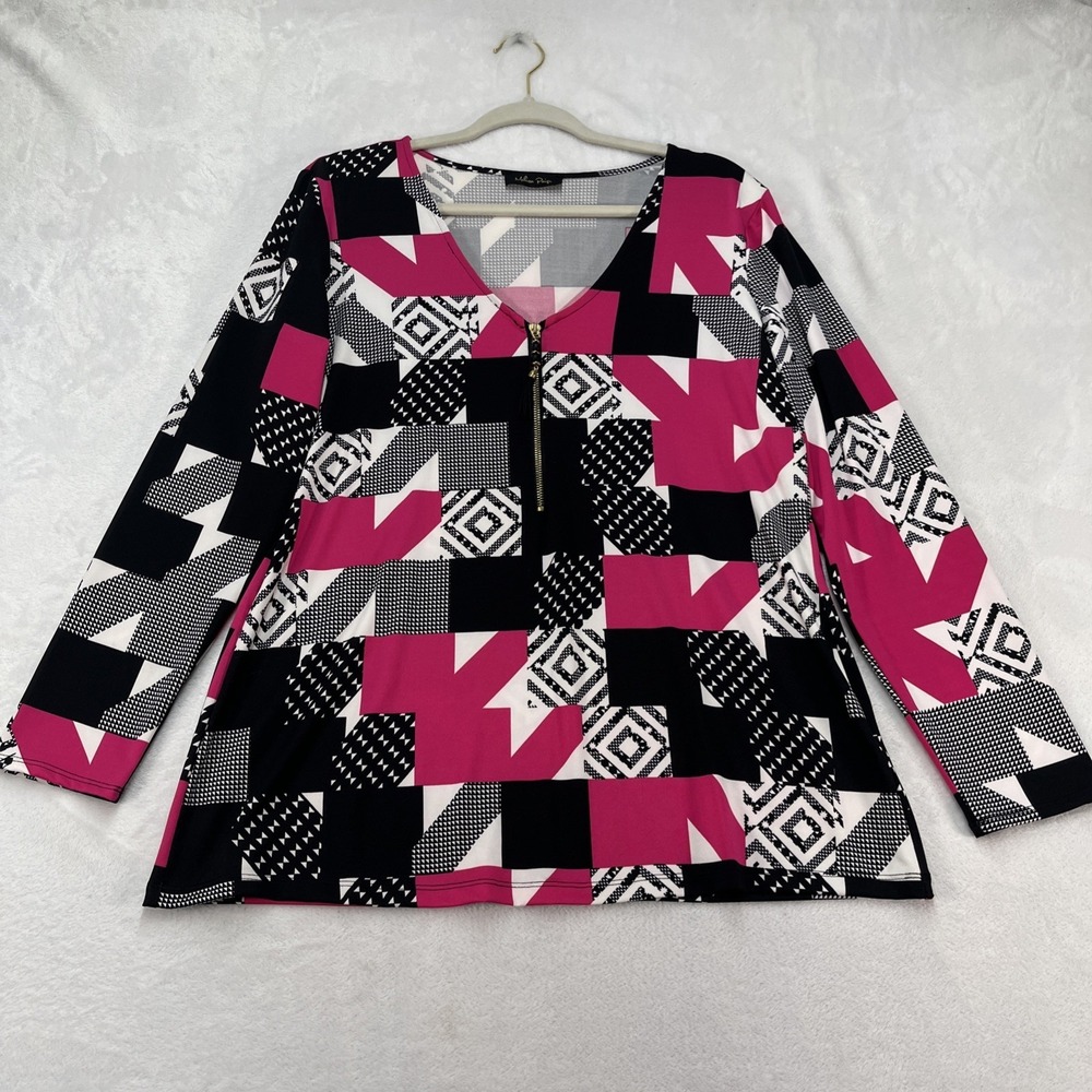 Melissa Paige Tassle Zip Vneck Blouse Womens Medium/Large Stretch Geometric